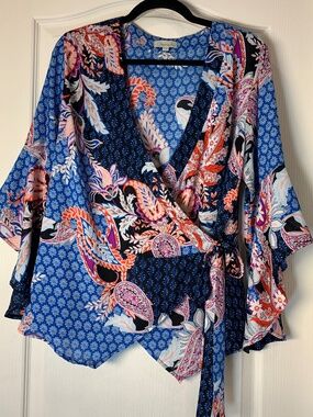 Chenault Boho Wrap Top Paisley Blue Pink Orange Lightweight Kimono Sleeve XL